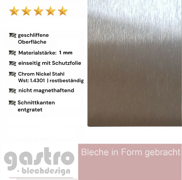 Edelstahl Blech 1 mm K240 geschliffen im Zuschnitt | gastro-blechdesign Edelstahl Blech 1 mm K240 geschliffen im Zuschnitt | gastro-blechdesign